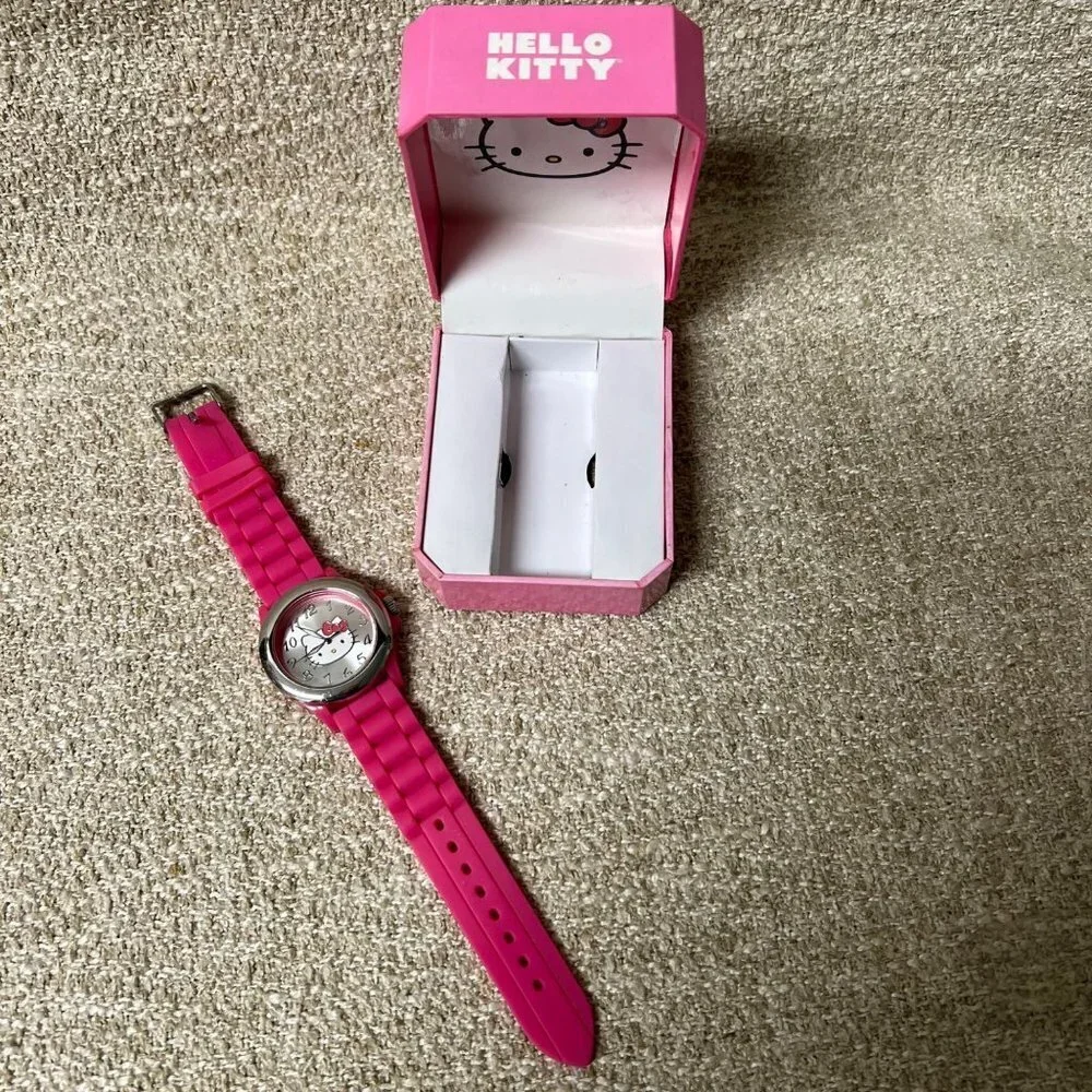 Hello Kitty Sanrio Watch Silver Bezel Pink Rubber Band